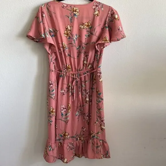 Xhilaration Women's Floral Print Short Sleeve V-Neck Button-Down Dress M pink - Picture 10 of 12